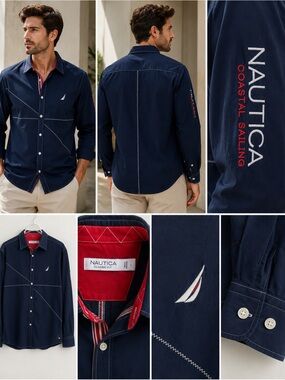 Nautica Navy Long-Sleeve Shirt with Red and White Embroidery